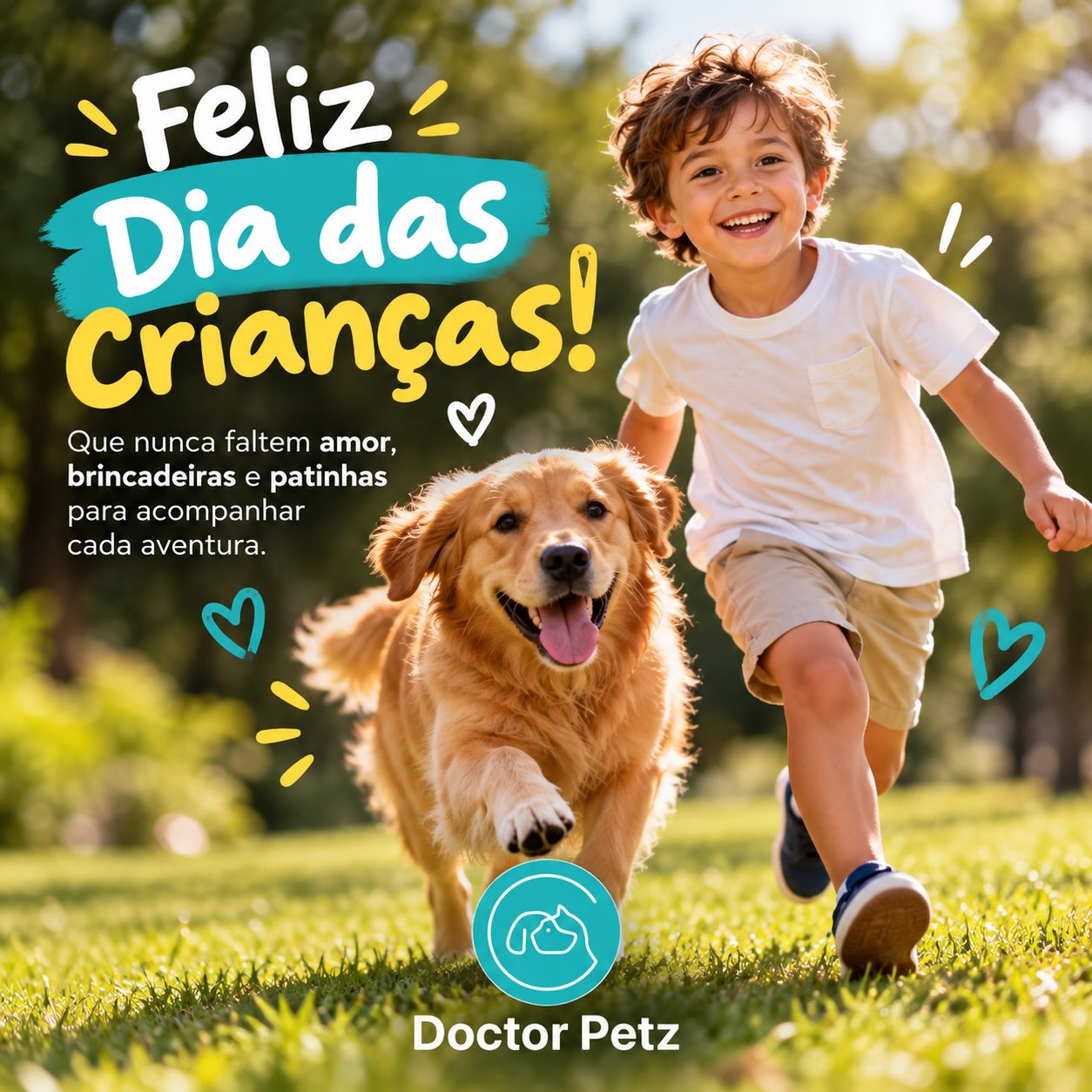 Arte oficial de Dia das Crianças com criança e cachorro; não é registro de paciente